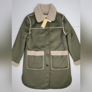 Michael Kors Coat Jacket Faux Suede Faux Fur Lining Olive Green Hazelnut M New